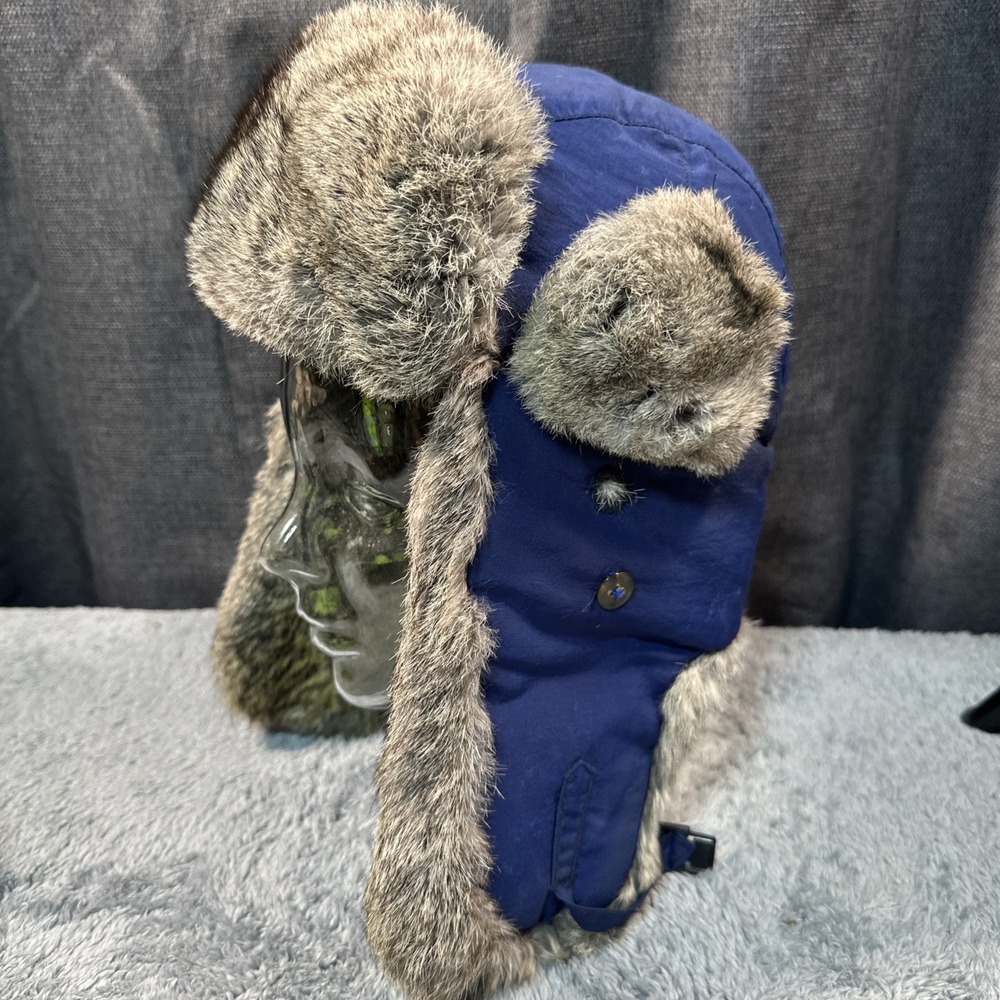 Mad Bomber Hat Trapper Fitted Men's M Blue Rabbit Fur Ear Flap Winter Outdoor